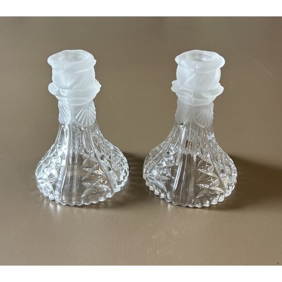 2 Anna Hutte Bleikristall Lead Crystal Frosted Rose Candle Holders VTG Sticks - Picture 1 of 4